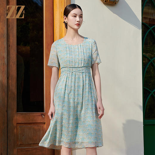 佐尔美夏季新款 气质甜美碎花桑蚕丝短袖连衣裙女M42LS51 商品图1