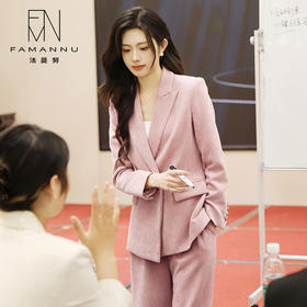 IWY/粉色高级感阔腿裤西装套装女气质显瘦两件套丝绒职业工作服1024CP038