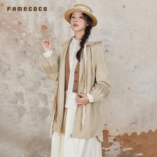 Famecoco范可儿风衣外套花边连帽中长款文艺通勤棉质女FAB6AA007 商品图2