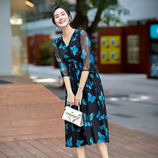 丁摩 春夏新品法式V字收腰气质花边蝴蝶印花短袖连衣裙75232 商品图1