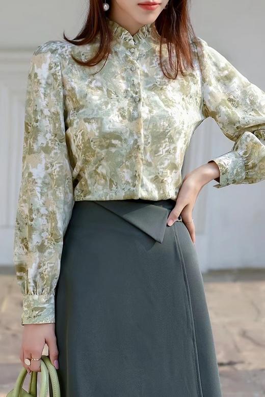 Le Malene 气质花边领抽象晕染图案衬衫 15515 商品图3