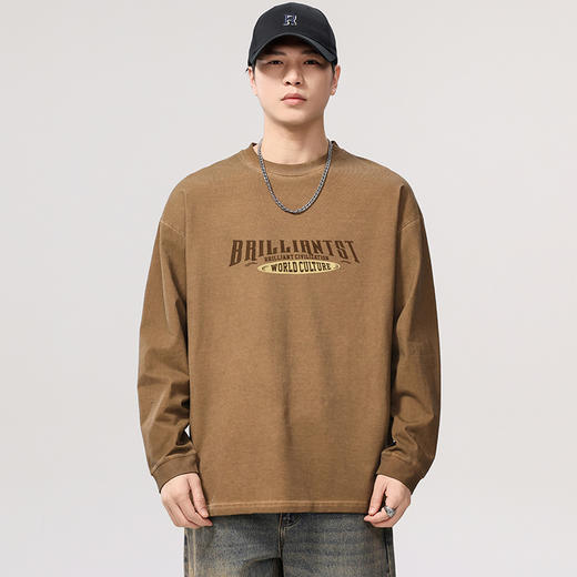 【DQ】大依优型大码男装春季新品炒色脏洗复古长袖T恤男宽松做旧印花上衣 商品图2