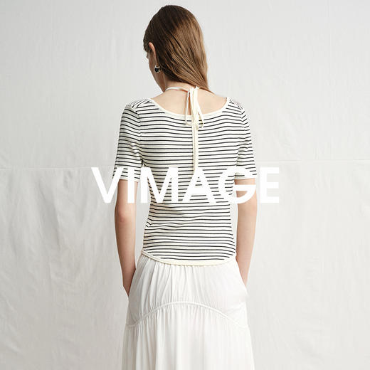 VIMAGE纬漫纪别致百搭系带修身条纹休闲短袖上衣女2025夏季新款V2301906 商品图4