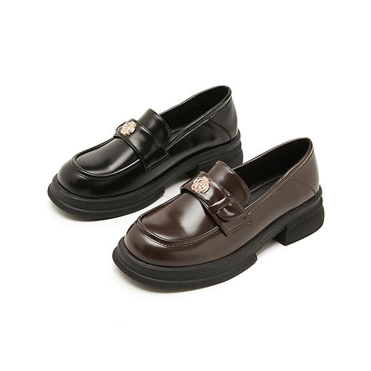 西遇山茶花乐福鞋女新款复古英伦金币单鞋增高厚底小皮鞋D0346332 商品图4