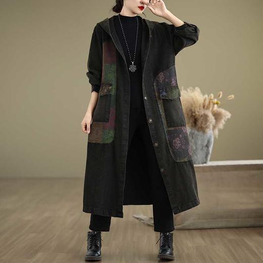 雀说 春秋款外套复古拼接戴帽牛仔外套宽松大版中长款风衣外套5ZF-90 商品图1