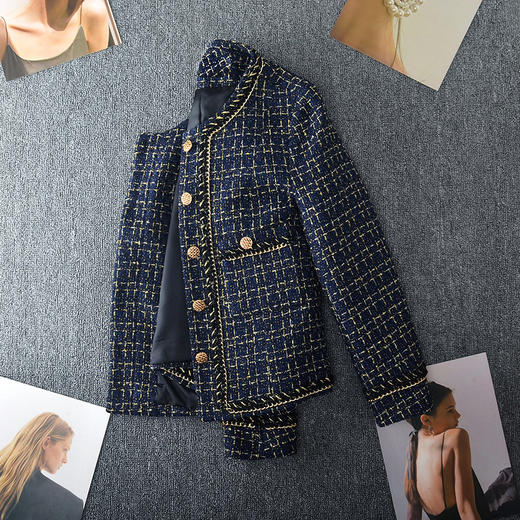 丁摩 春秋新款大码小香风外套女胖mm蓝色格子高级感粗花呢上衣200斤5ZF-23005 商品图1
