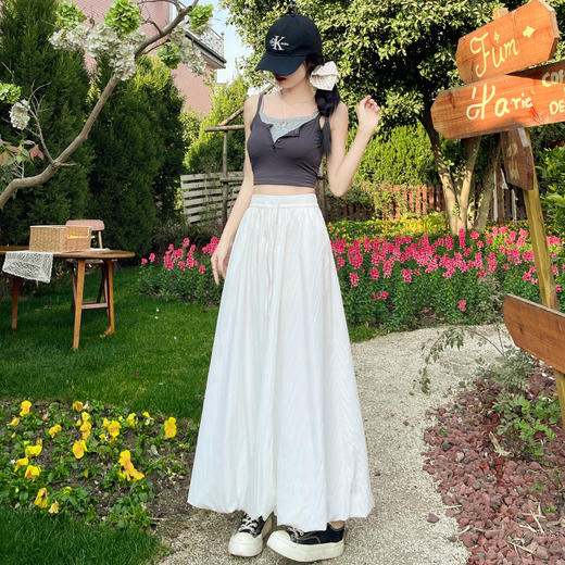 百媚生 花苞半身裙子女松紧高腰垂感显瘦A字长裙 H-1385- 商品图3