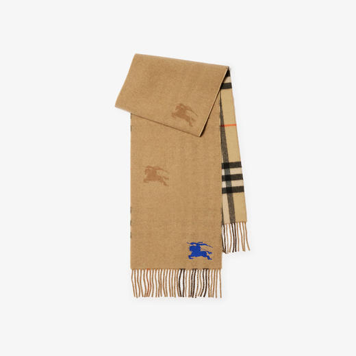 【三】BURBERRY 巴宝莉 男女同款双面马术骑士徽标刺绣格纹羊绒围巾 驼色 8094710 B9719 商品图0