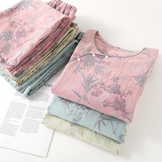 雀说 国风提花纯棉双层纱睡衣女短袖九分裤宽松家居服套装 商品图1