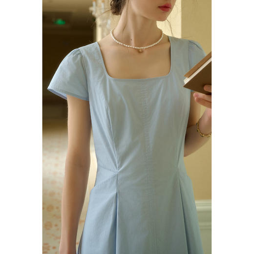 （小眠专属）SimpleRetro夏日海盐蓝 法式通勤小方领连衣裙女极简短袖a字长裙 商品图4