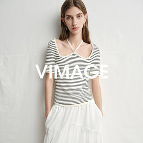 VIMAGE纬漫纪别致百搭系带修身条纹休闲短袖上衣女2025夏季新款V2301906