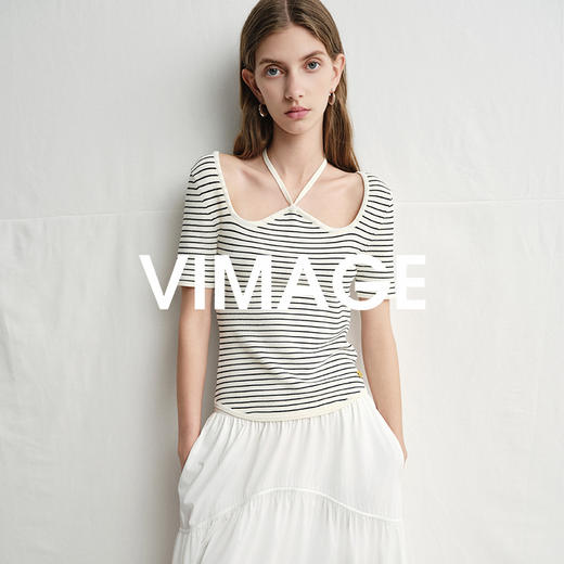 VIMAGE纬漫纪别致百搭系带修身条纹休闲短袖上衣女2025夏季新款V2301906 商品图0