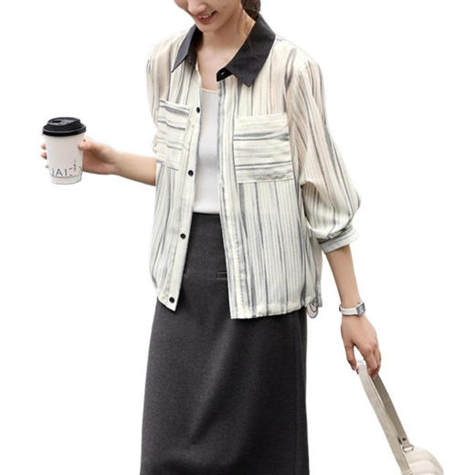 雀说晕染条纹撞色衬衫新款设计感薄款开衫上衣百搭衬衣AL2998 商品图4