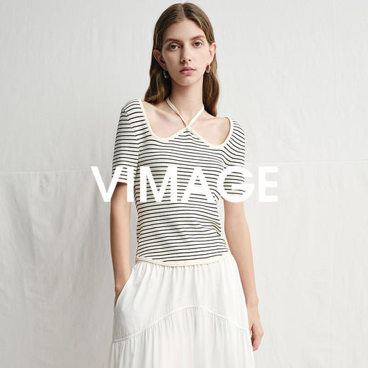 VIMAGE纬漫纪别致百搭系带修身条纹休闲短袖上衣女2025夏季新款V2301906 商品图5