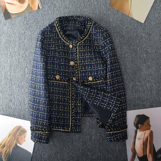 丁摩 春秋新款大码小香风外套女胖mm蓝色格子高级感粗花呢上衣200斤5ZF-23005 商品图0