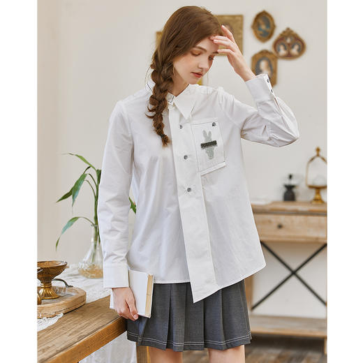 Famecoco范可儿原创纯棉白衬衫女士秋季长袖兔子宽松不规则设计感衬衣F225BH015 商品图2
