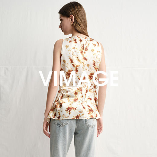 VIMAGE纬漫纪春夏季新款修身打底高级无袖小众设计印花上衣V2313916 商品图4