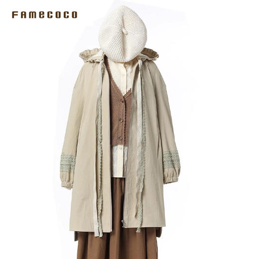 Famecoco范可儿风衣外套花边连帽中长款文艺通勤棉质女FAB6AA007 商品图3