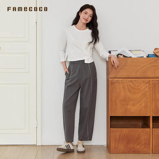Famecoco商场同款长袖T恤纯棉内搭简约纯色百搭打底衫FAB6BB003 商品图4