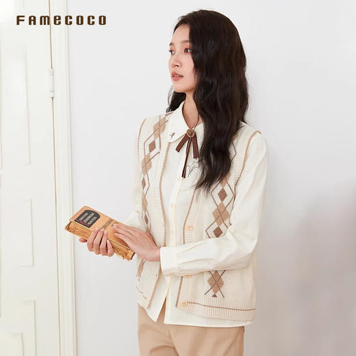 Famecoco原创菱格纹针织马夹V领叠穿马夹坎肩春秋款FAB6CA030 商品图1