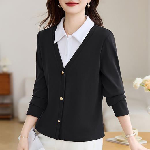 雀说翻领假两件长袖t恤女新款洋气女装polo领正肩上衣打底衫AL10047 商品图3