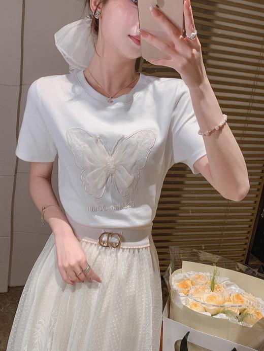 张心子【网纱蝴蝶T】春夏圆领弹力重工刺绣T恤上衣 U2502047 商品图6