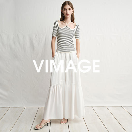 VIMAGE纬漫纪别致百搭系带修身条纹休闲短袖上衣女2025夏季新款V2301906 商品图1
