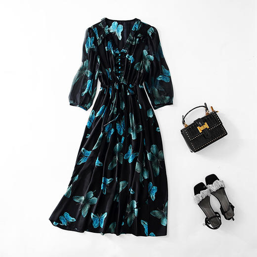丁摩 春夏新品法式V字收腰气质花边蝴蝶印花短袖连衣裙75232 商品图4