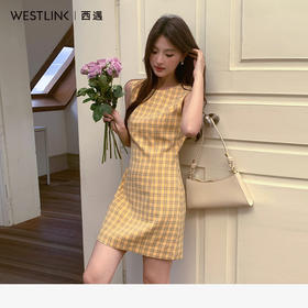 【奶油春日】多巴胺复古蓝黄格纹连衣裙女设计感短裙V0550196