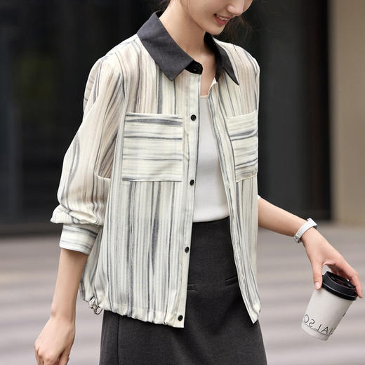 雀说晕染条纹撞色衬衫新款设计感薄款开衫上衣百搭衬衣AL2998 商品图3