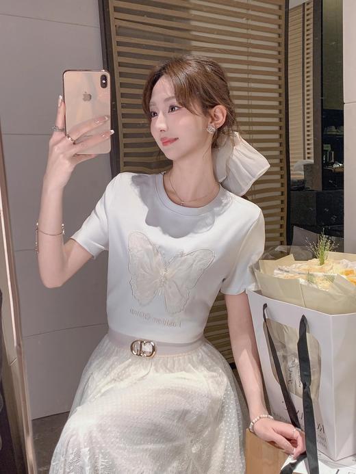 张心子【网纱蝴蝶T】春夏圆领弹力重工刺绣T恤上衣 U2502047 商品图7