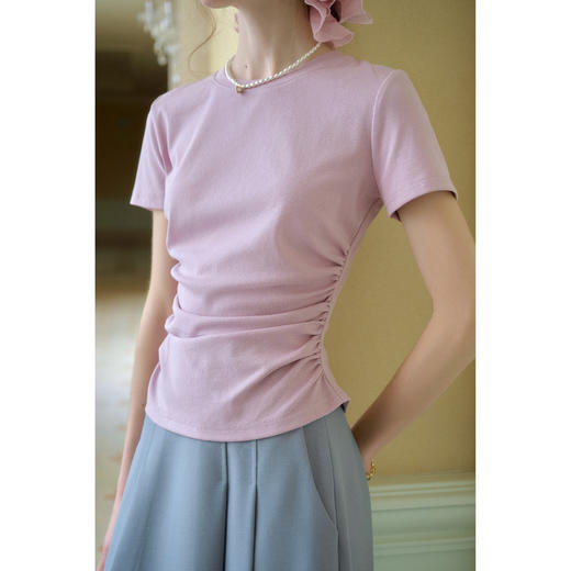 SimpleRetro可可布雷 3色腰部立体收褶短款T恤女圆领百搭显瘦上衣 商品图4