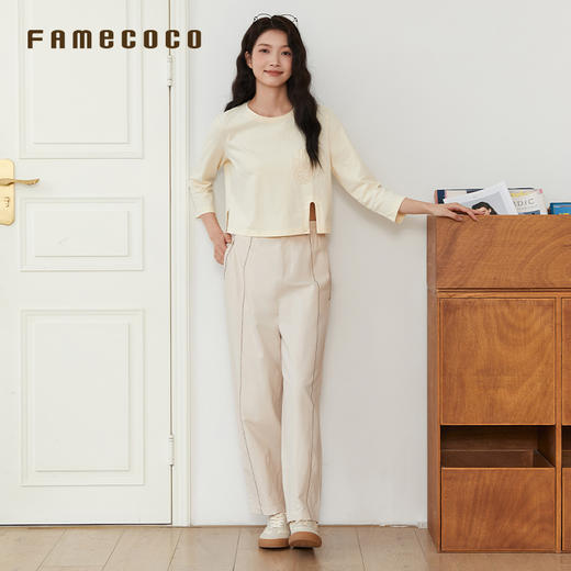 Famecoco文艺范简约立体明线棉质休闲宽松显瘦直筒裤春秋款FAB6GA014 商品图2