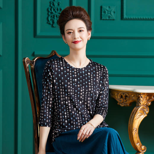 丁摩真丝上衣女洋气青花瓷印花桑蚕丝t恤套头小衫ALF2367-2 商品图1