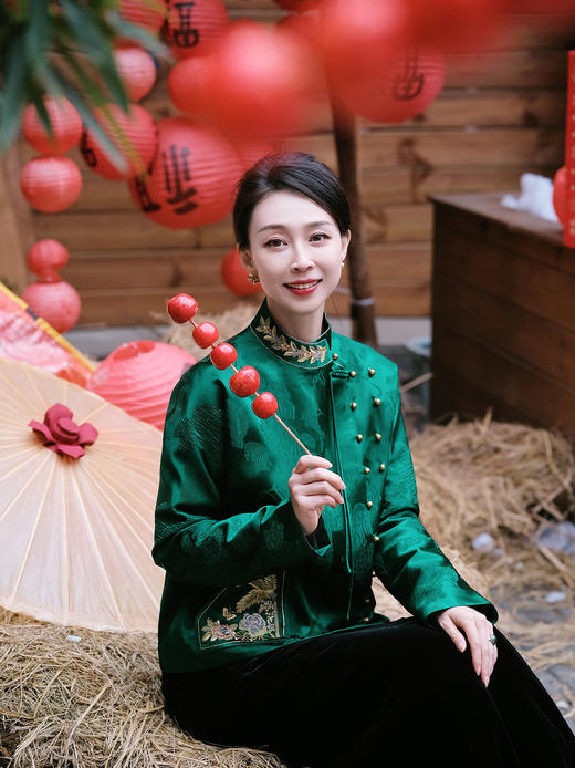 东方境X郭培| 刺绣提花新中式上衣-祖母绿 商品图1