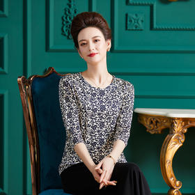 丁摩真丝上衣女洋气青花瓷印花桑蚕丝t恤套头小衫ALF2367-2
