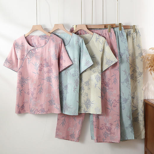 雀说 国风提花纯棉双层纱睡衣女短袖九分裤宽松家居服套装 商品图0