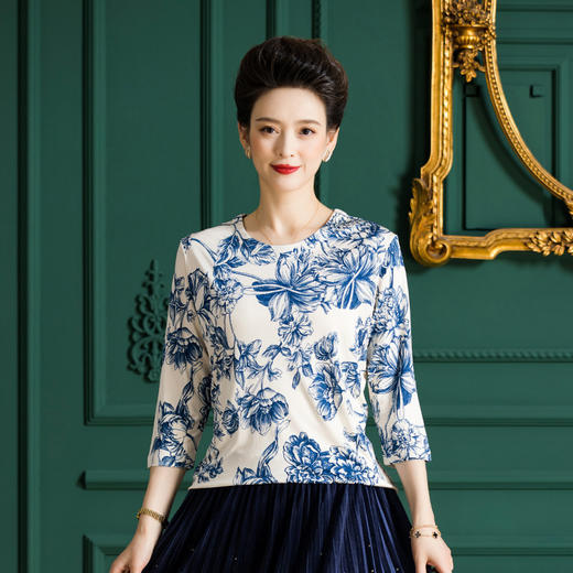 丁摩真丝上衣女洋气青花瓷印花桑蚕丝t恤套头小衫ALF2367-2 商品图2