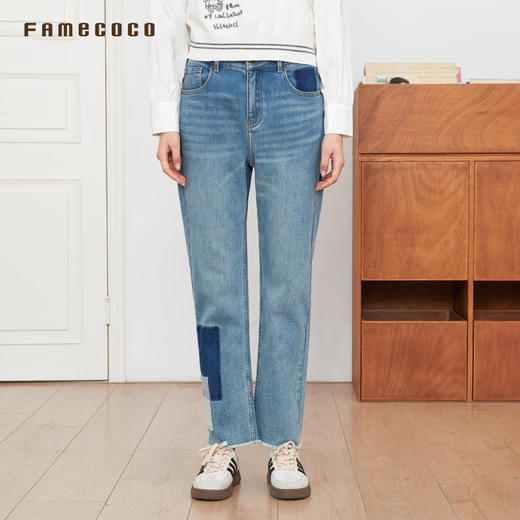 Famecoco商场同款复古水洗拼接磨毛通勤直筒牛仔裤春款FAB6GA017 商品图0
