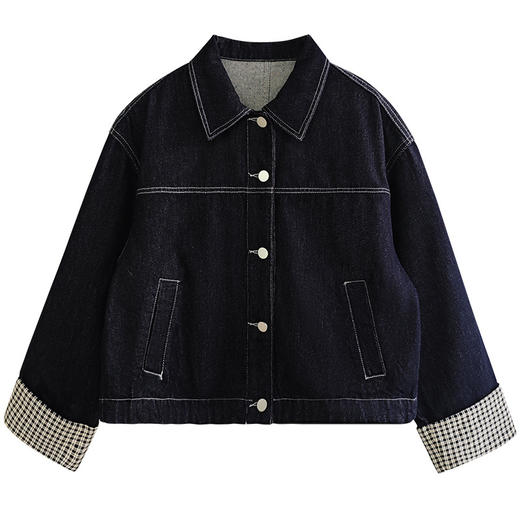 丁摩 设计感格子翻袖牛仔衬衫外套女春秋装上衣小个子衬衣5ZF-51026 商品图4