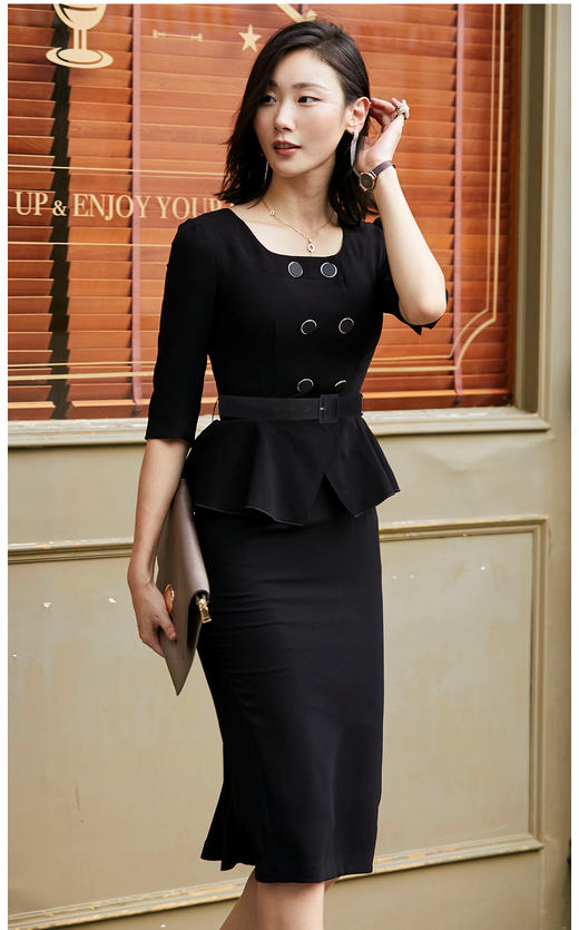 JG21184876T1X7颈袖添香年季女装收腰修身长款气质时尚通勤职业连衣裙 商品图2