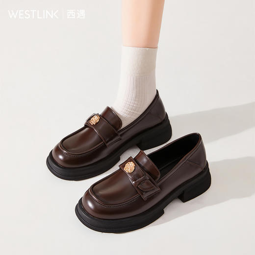 西遇山茶花乐福鞋女新款复古英伦金币单鞋增高厚底小皮鞋D0346332 商品图1