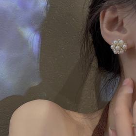 赛家 新款珍珠花朵带钻金色耳钉大号