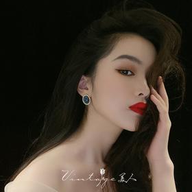 「深蓝歌姬」vintage复古宫廷风温柔优雅椭圆蓝宝石古董耳钉