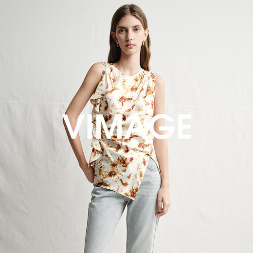 VIMAGE纬漫纪春夏季新款修身打底高级无袖小众设计印花上衣V2313916 商品图3