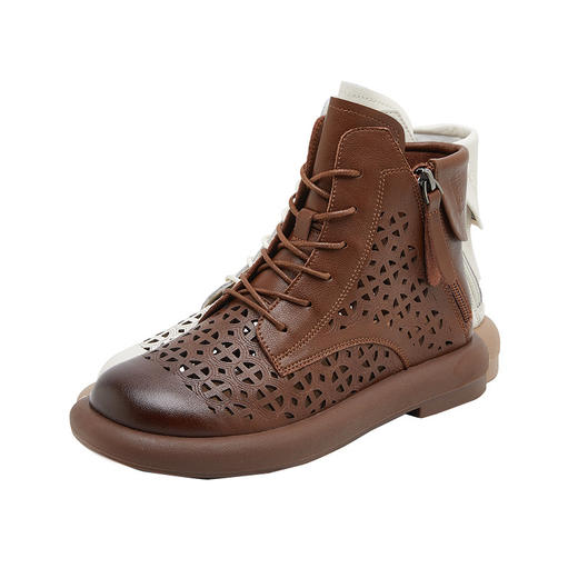 雀说复古真皮缕空马丁靴女厚底双侧拉链休闲短靴子大码平底女鞋AL9027 商品图5