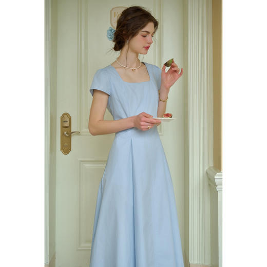 （小眠专属）SimpleRetro夏日海盐蓝 法式通勤小方领连衣裙女极简短袖a字长裙 商品图1