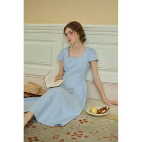 （小眠专属）SimpleRetro夏日海盐蓝 法式通勤小方领连衣裙女极简短袖a字长裙