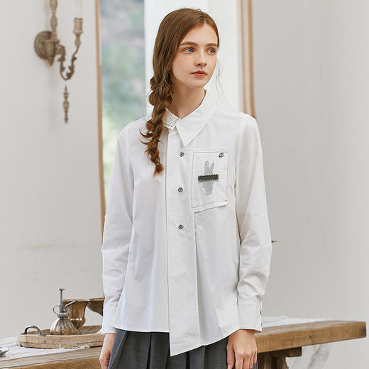 Famecoco范可儿原创纯棉白衬衫女士秋季长袖兔子宽松不规则设计感衬衣F225BH015 商品图0