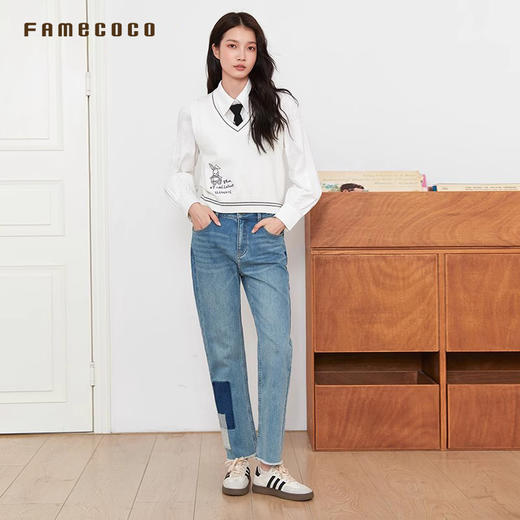 Famecoco商场同款复古水洗拼接磨毛通勤直筒牛仔裤春款FAB6GA017 商品图2